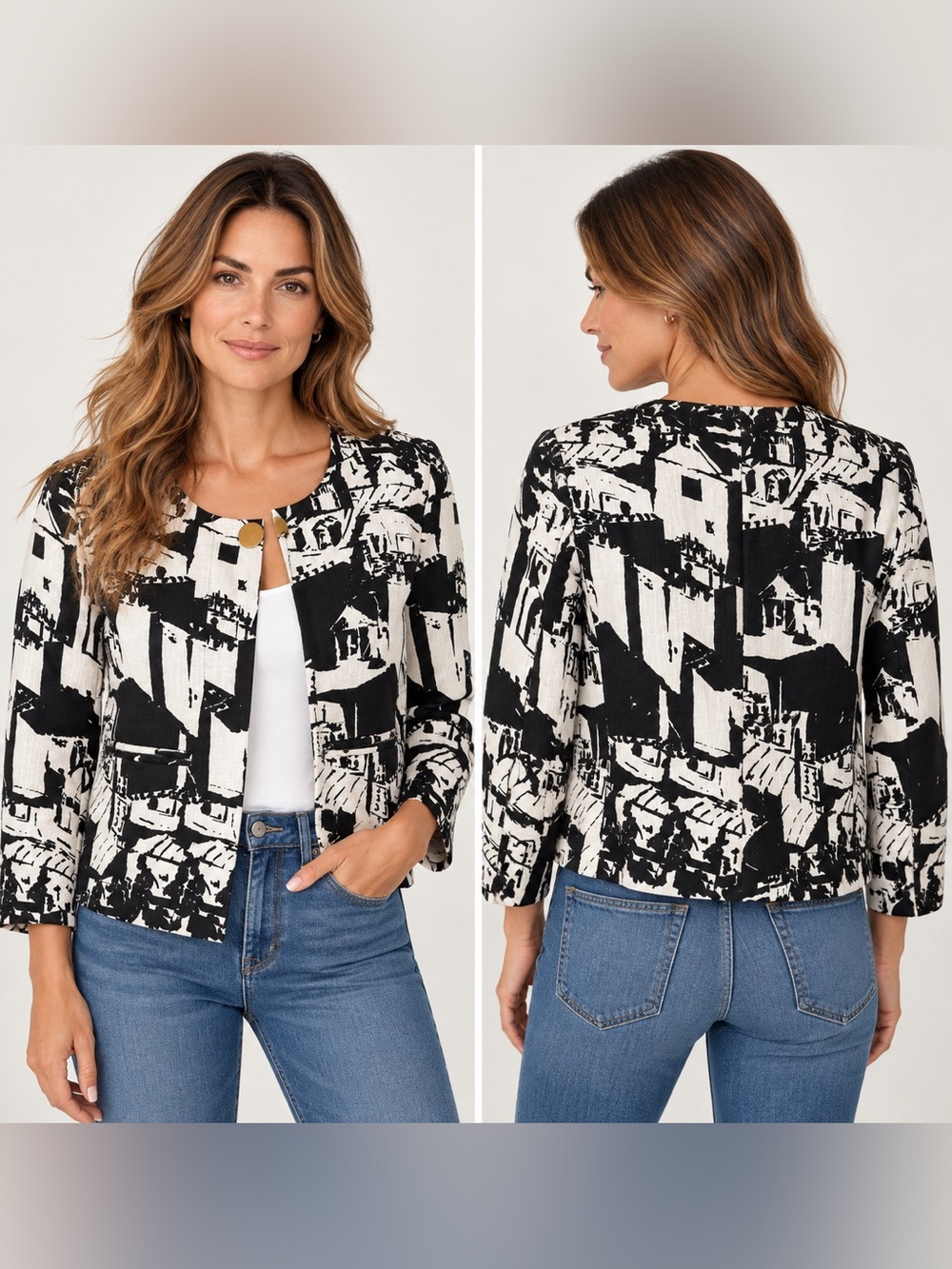 Tory Burch Black & White Abstract Print Linen Jacket Gold Accents – Size 2